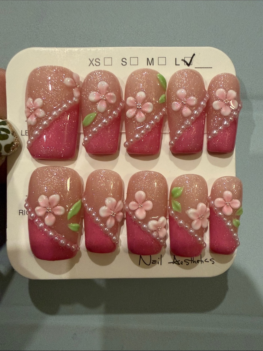 Handmade acrylic Press-On Pink 3D Floral Glitter Nails
